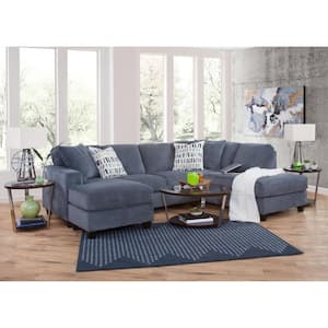 Transitional Blue 118 in. Square Arm 3-piece Polyester U Shaped Sectional Sofa in. Blue with Four Throw Pillows