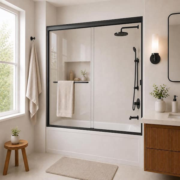 Breeze 60 in. W x 56 in. H Sliding Semi Frameless Tub Door in Matte Black Finish with Clear Glass