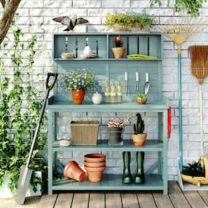 65 in. Large Outdoor Fir Wooden Green Garden Potting Workbench Trellis with 4 Storage Shelves and Side Hooks