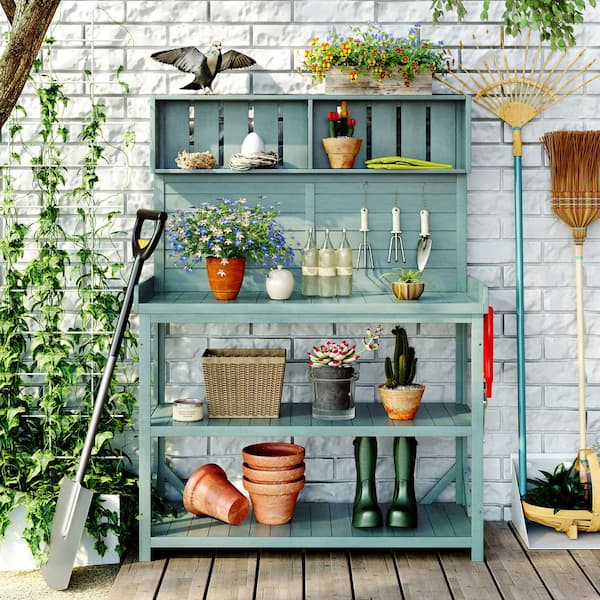 65 in. Large Outdoor Fir Wooden Green Garden Potting Workbench Trellis with 4 Storage Shelves and Side Hooks