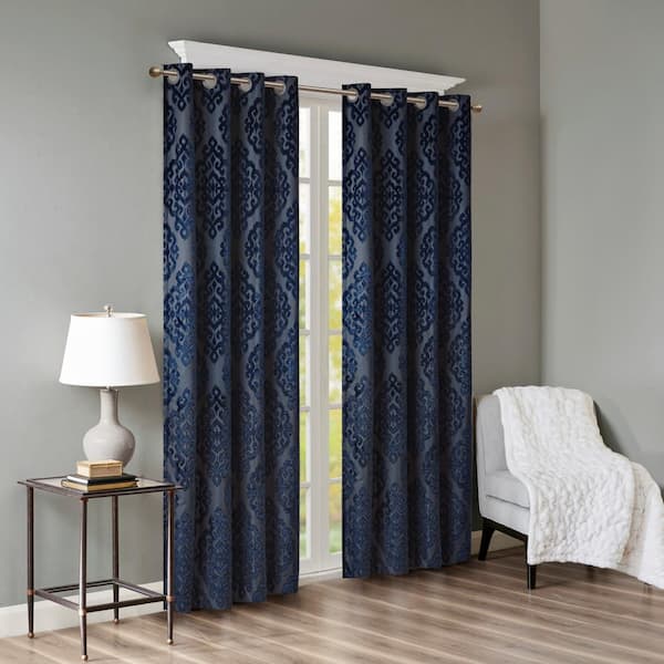 Madison Park Elysia Navy Damask Knitted Jacquard Damask 50 in. W x 95 in. L Blackout Grommet Top Curtain