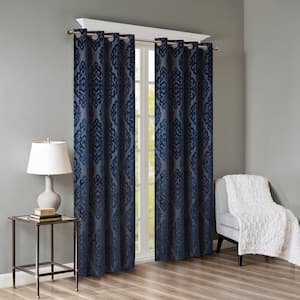 Elysia Navy Damask Knitted Jacquard Damask 50 in. W x 84 in. L Blackout Grommet Top Curtain