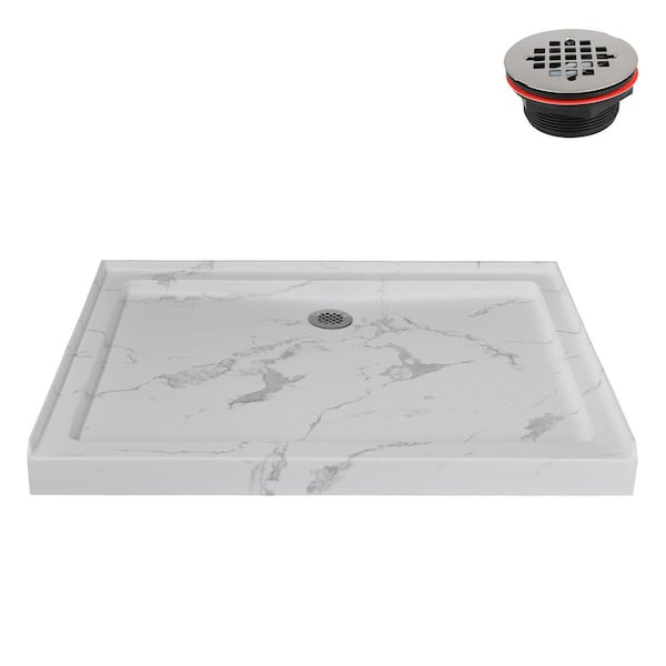 48 in. x 36 in. Alcove Acrylic Shower Pan Base in Matte Marble with Center Drain Included