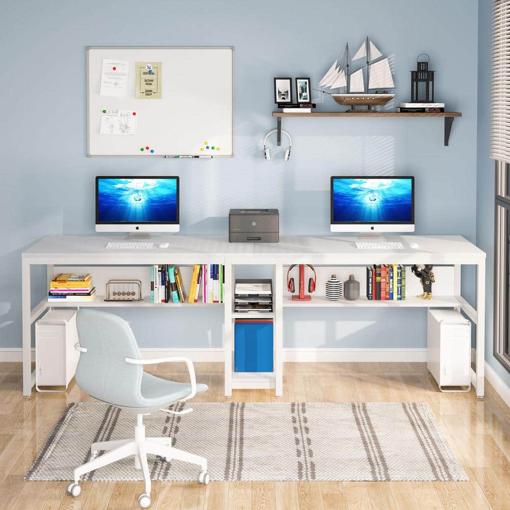 White Double Workstation Desk with Bookshelf and Storage Shelves