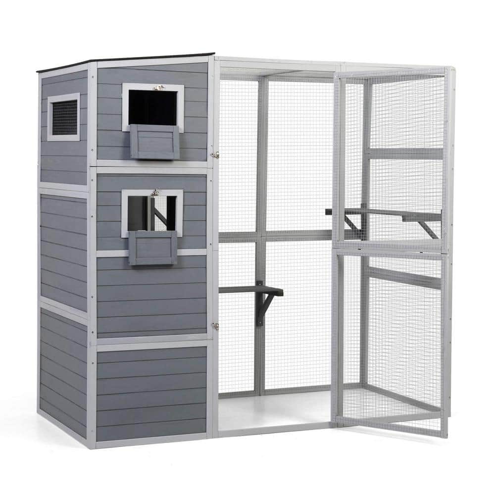 Large Gray Wood Outdoor Cat Enclosure with Mesh Panels