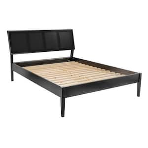 The Crawford Black Frame Queen Panel Bed With Natural Woven Cane Headboard