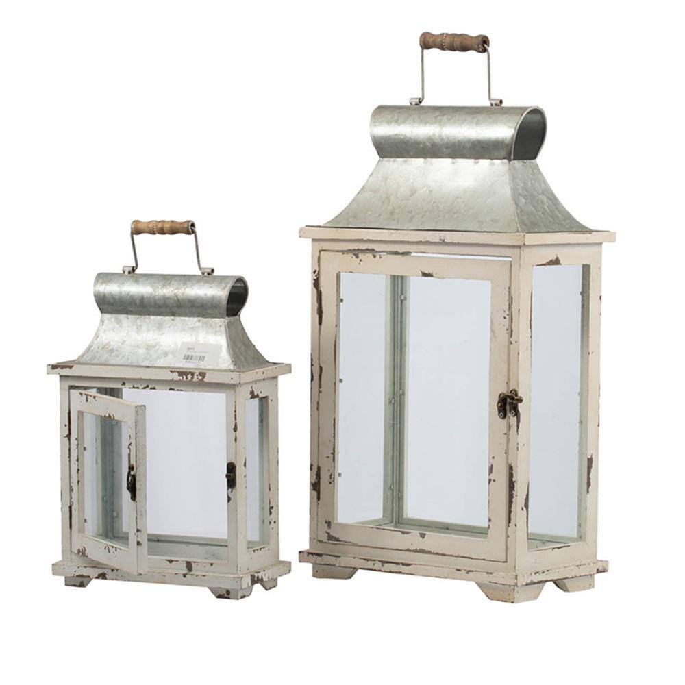 Set of 2 White and Gray Wooden Hanging Lanterns