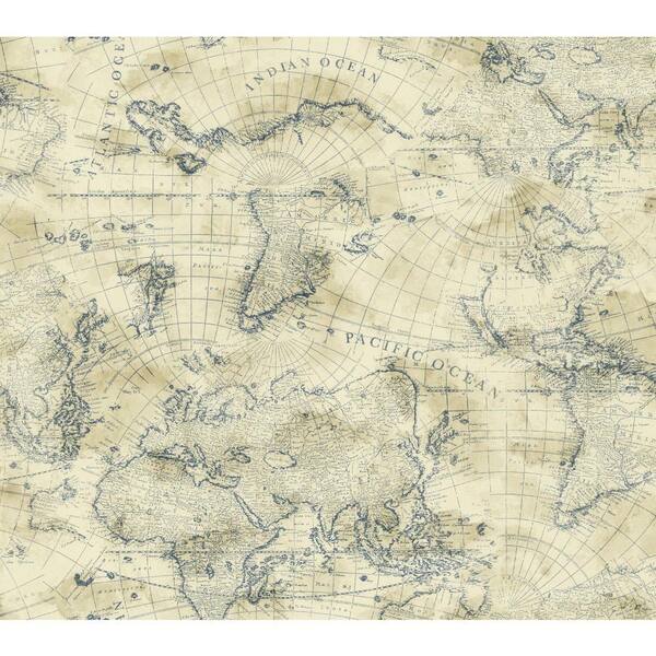 York Wallcoverings Nautical Living Coastal Map cream, ecru, marine Blue Paper Strippable Roll (Covers 60.75 sq. ft.)