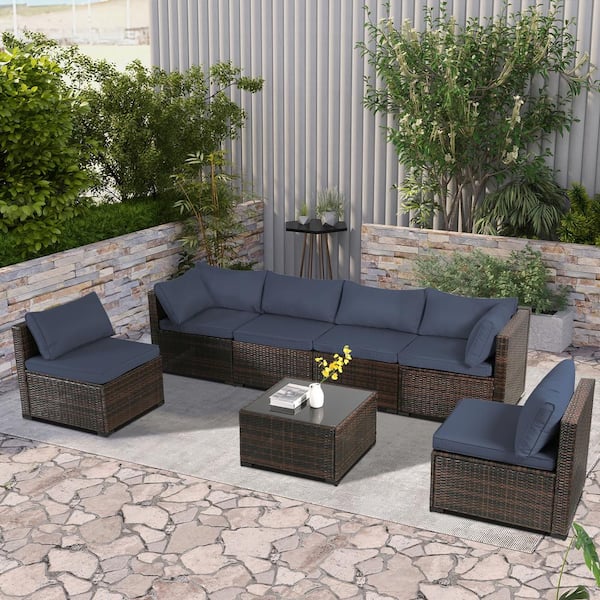 JUSKYS 7-Pieces Patio Furniture Set All-Weather Sofa Set Brown Wicker Patio Conversation Set W/ Table And Purplish-Blue Cushion OLBR8456 - The Home Depot