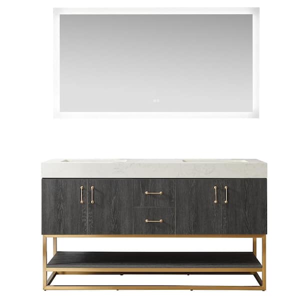 ROSWELL Alistair 60 in. W. x 22 in. D x 33.9 in. H Double Sink Bath Vanity in North Black Oak White GRain Stone Top and Mirror