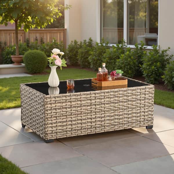 MISOPAD Outdoor PE Wicker Coffee Table Rectangle Tempered Glass Table with Umbrella Hole
