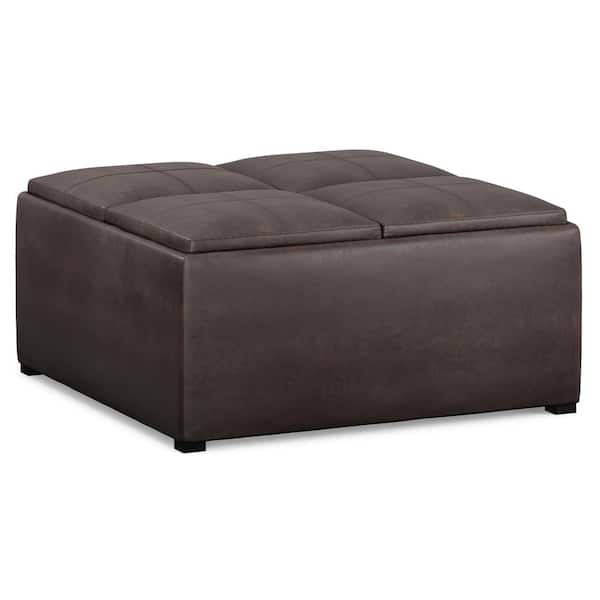 Avalon 35 in. Wide Contemporary Square Coffee Table Storage Ottoman in Distressed Brown Vegan Faux Leather, Assembled