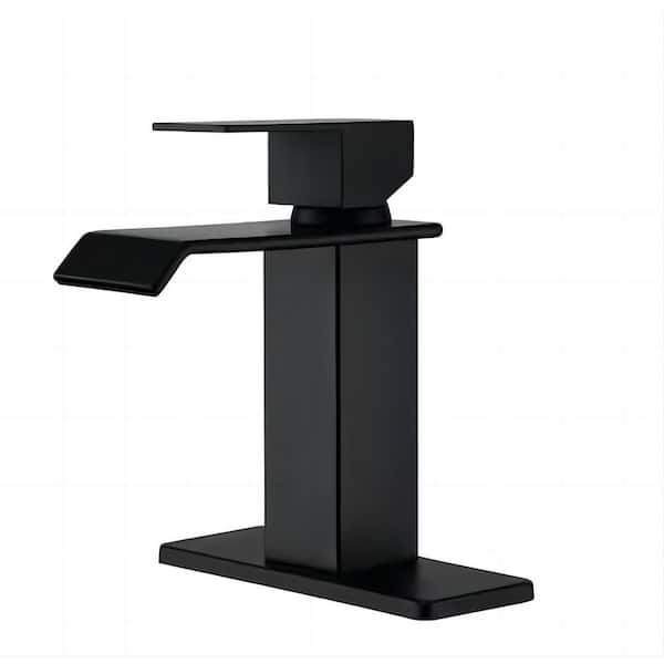 Waterfall Spout Bathroom Faucet, Single Handle Single Hole Bathroom Vanity Sink Faucet in Matte Black
