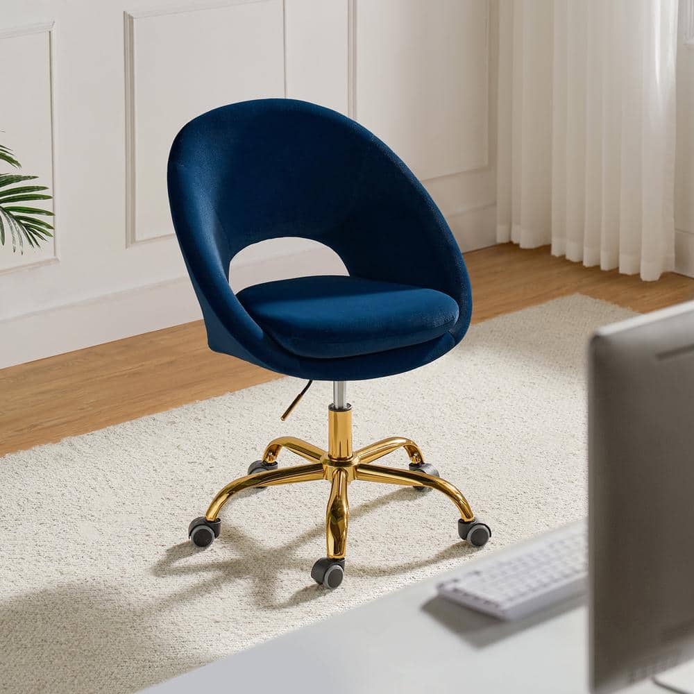 Ergonomic Navy Velvet Swivel Task Chair with Gold Metal Base