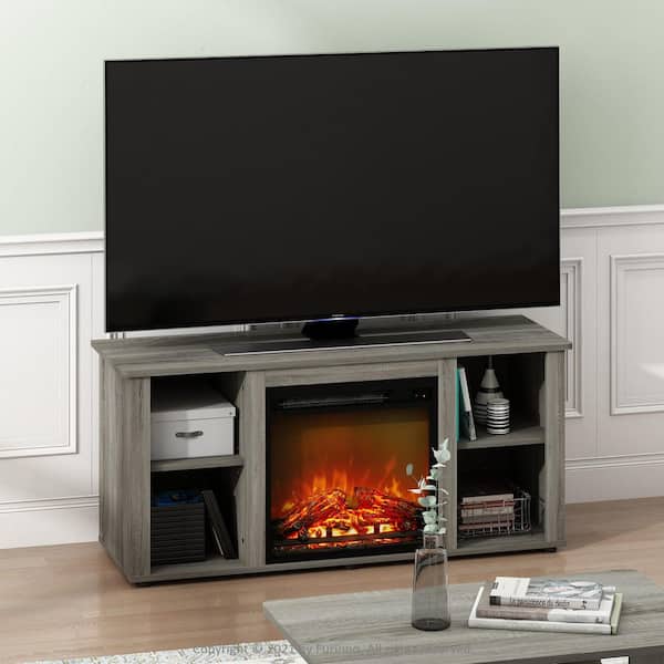 Furinno Jensen French Oak Grey TV Stand Entertainment Center Fits TV's up to 55 in. with Fireplace