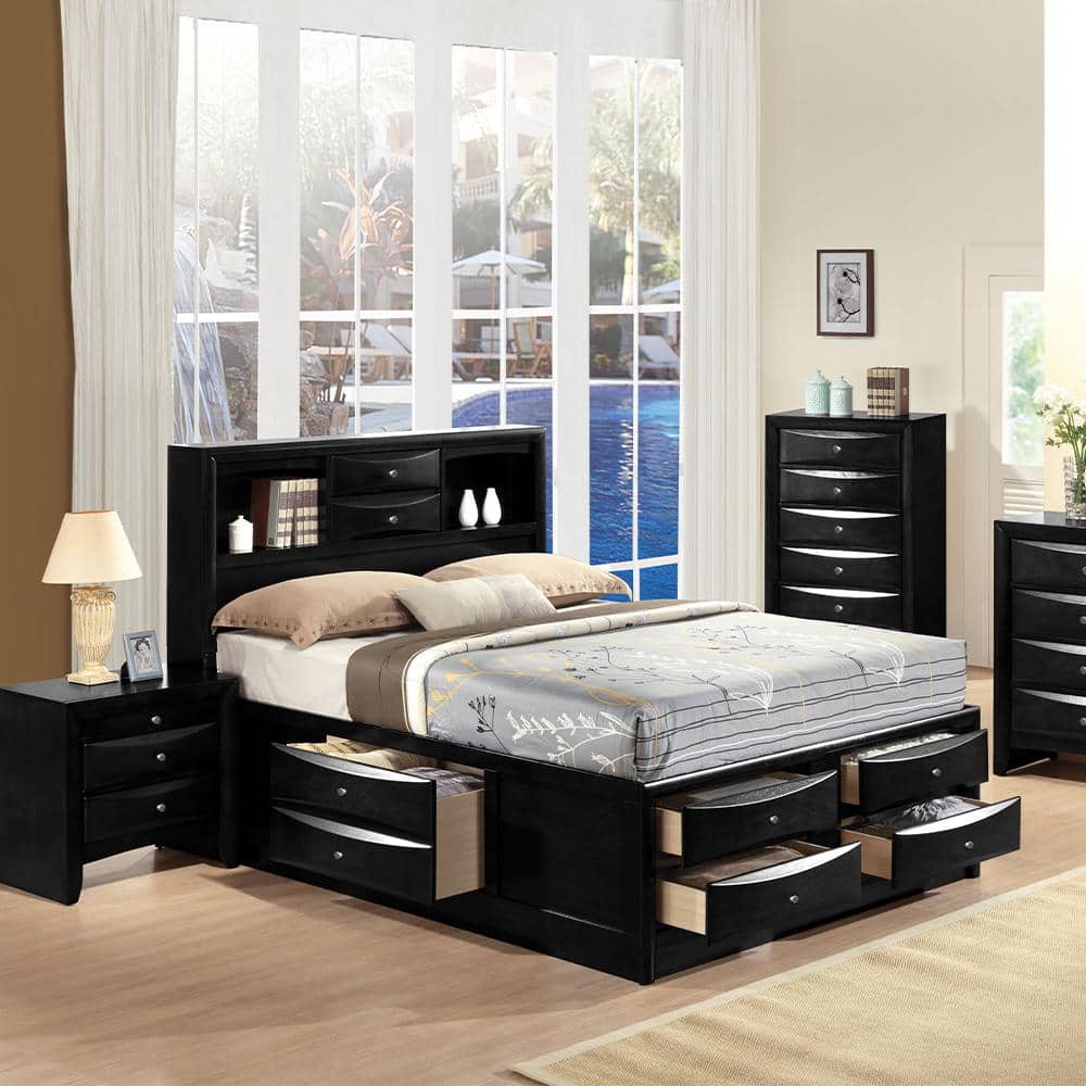 Elegant Full Double Captain's Bed with Upholstered Headboard and 8 Storage Drawers in Black