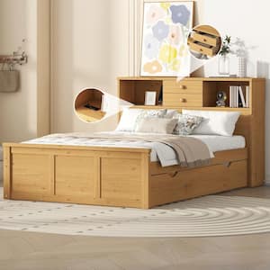 Natural (Brown) Wood Frame Full Platform Bed with Storage Headboard, Shelves, Twin Size Trundle, Drawers, USB Charging