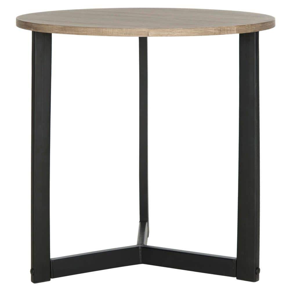 Leonard Round Oak and Black Metal End Table