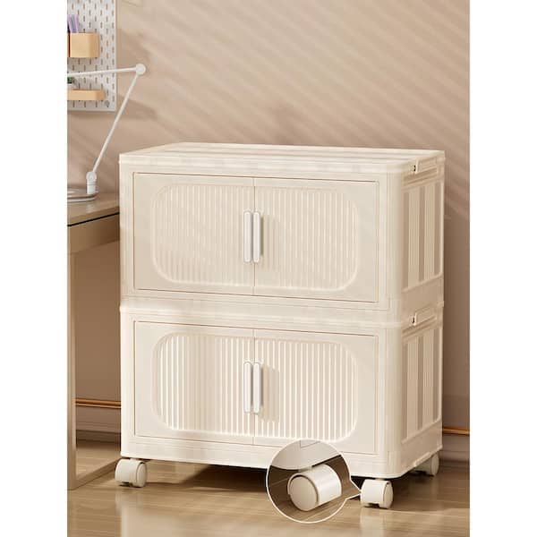 31 in. H Cream White Plastic Foldable Storage Bins 3-Tier Clothes Closet Organizers with Wheels and Magnetic Doors