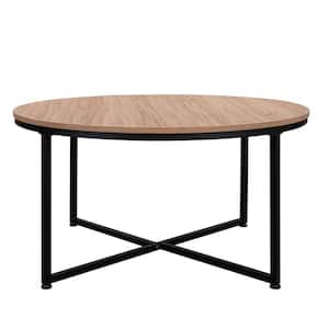 35.04" Light Brown Round MDF Top Coffee Table with X Steel Legs
