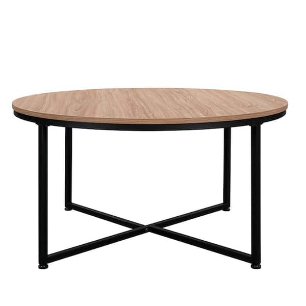 Wateday 35.04" Light Brown Round MDF Top Coffee Table with X Steel Legs