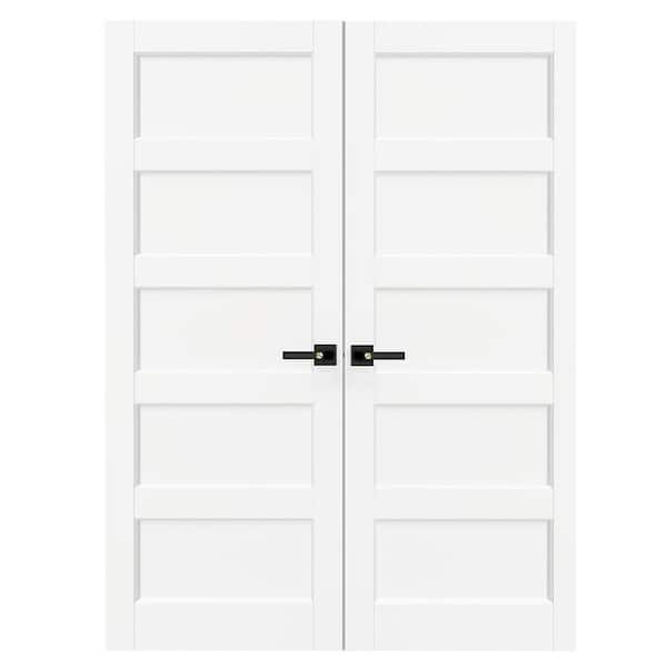 TENONER 60 in. x 80 in. MDF, Composite, Pre-assembled Panel, Primed, White, 5 Panel Interior Door Slab With Black Lever Handle