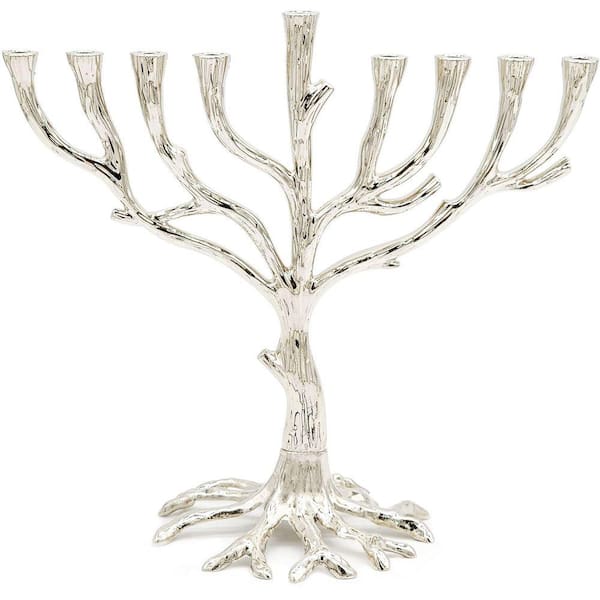 10 in. Rustic Nickel Finish Hanukkah Candles Tree of Life Menorah Rustic Pewter Finish for Chanuka