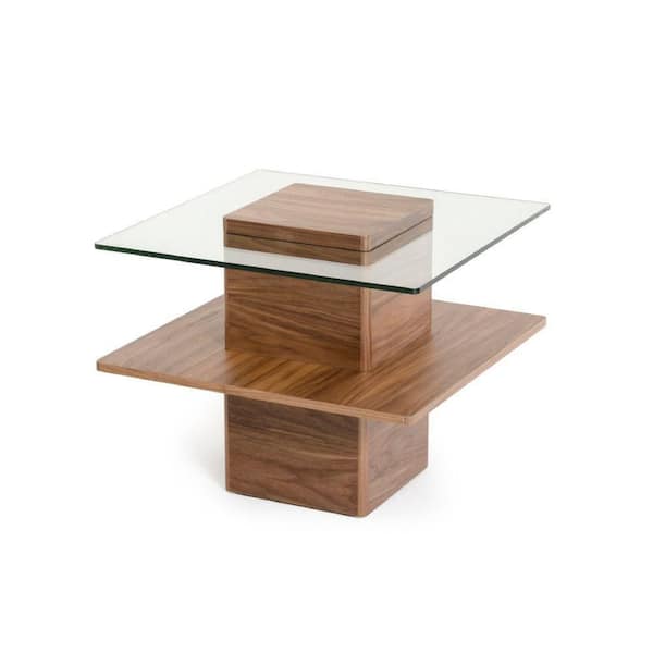 Benjara 24 in. Walnut Square Glass Top End Table with Thick Block Pedestal Base