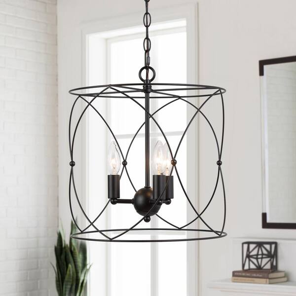 Uolfin Modern Black Drum Island Chandelier, Macie 3-Light Cage Industrial Round Chandelier