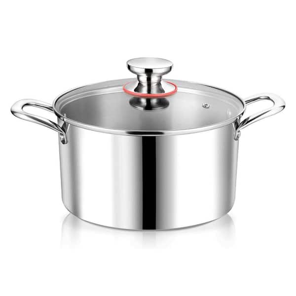 4-Piece Silver Stainless Steel Tri-Ply Stockpot with Glass Lid Induction Safe Double Handle Dishwasher Safe