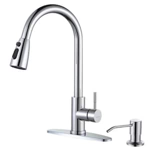 Single-Handle Pull Down Sprayer Kitchen Faucet with Deckplate and Soap Dispenser in Polished Chrome