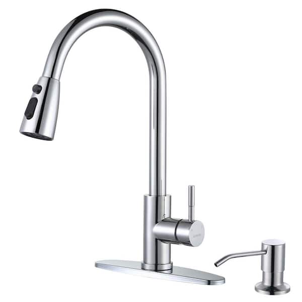 WOWOW Single-Handle Pull Down Sprayer Kitchen Faucet with Deckplate and Soap Dispenser in Polished Chrome