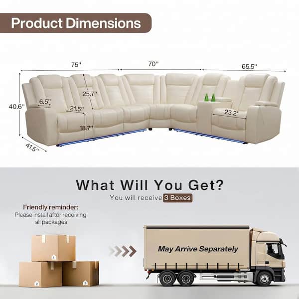 210 in. Overall Straight Arm Leather L-Shape Recliner Sofa Set in Beige, 6 Seats Sectional with USB, Wireless Charging