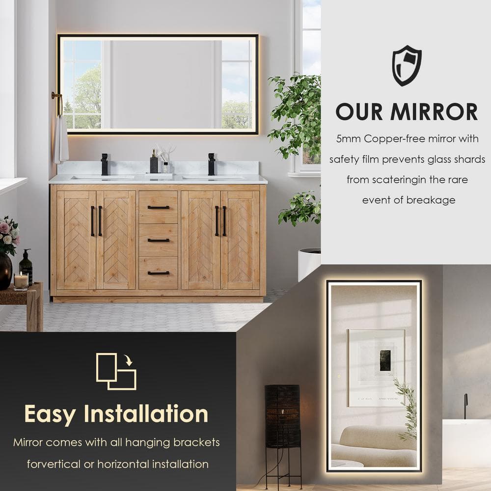 Anais 72" Light Brown Fir Wood Vanity with White Stone Top and Mirror