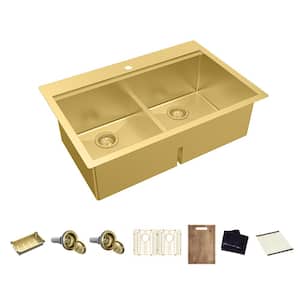 33 in. Drop-In Double Bowl 18-Gauge Gold Stainless Steel Workstation Kitchen Sink with Accessories