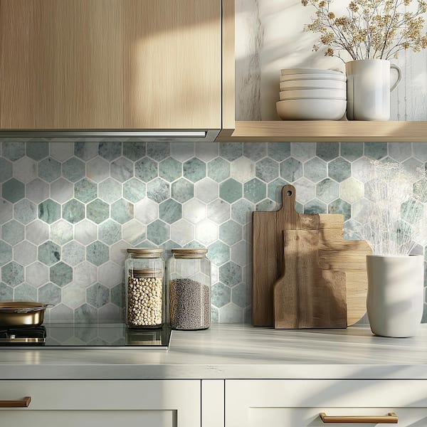 Icelandic Green 2 in. Hexagon 12 in. x 12 in. x 0.38 in. Polished Marble Mesh-Mounted Mosaic Tile (9.8 sq. ft./case)