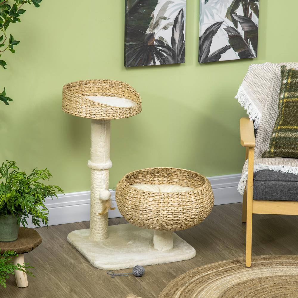 Modern Beige Sisal Cat Tree with Basket Design