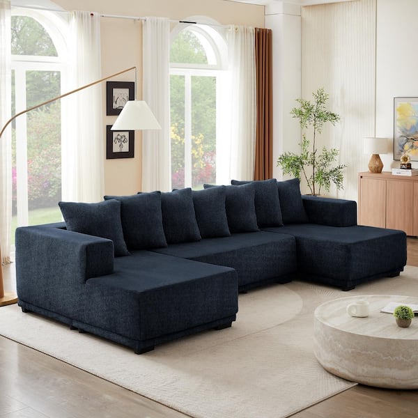 128 in. Wide Straight Arm Chenille U-Shaped Minimalist Style Modular Sectional Sofa Set in. Blue with Supporting Foot