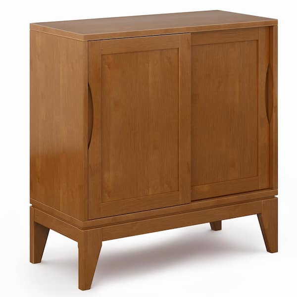 Simpli Home Harper Solid Hardwood 30 in. Wide Mid-Century Modern Low Storage Cabinet in Teak Brown