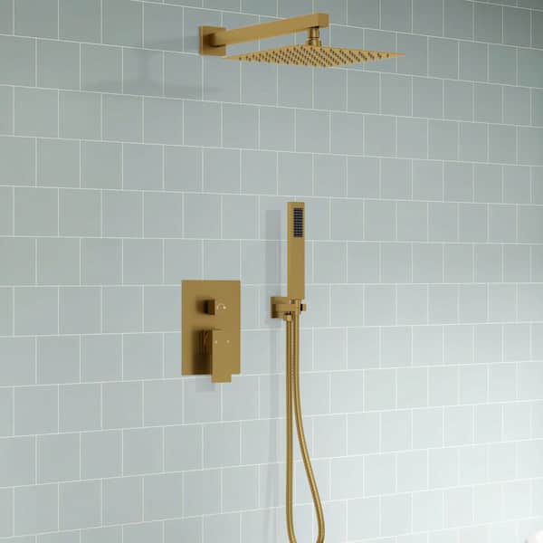 Double Handle 2-Spray Shower Faucet Square 10 in. Shower Head 2.5GPM with High Pressure in Brushed Gold (Valve Included)