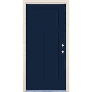 36 in. x 80 in. 3-Panel Craftsman Left-Hand Indigo Fiberglass Prehung Front Door w/4-9/16 in. Frame and Nickel Hinges