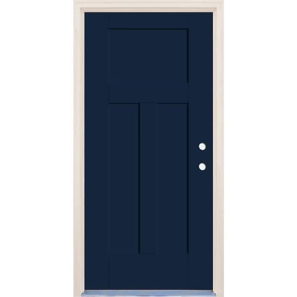 Builders Choice 36 in. x 80 in. 3-Panel Craftsman Left-Hand Indigo Fiberglass Prehung Front Door w/4-9/16 in. Frame and Nickel Hinges
