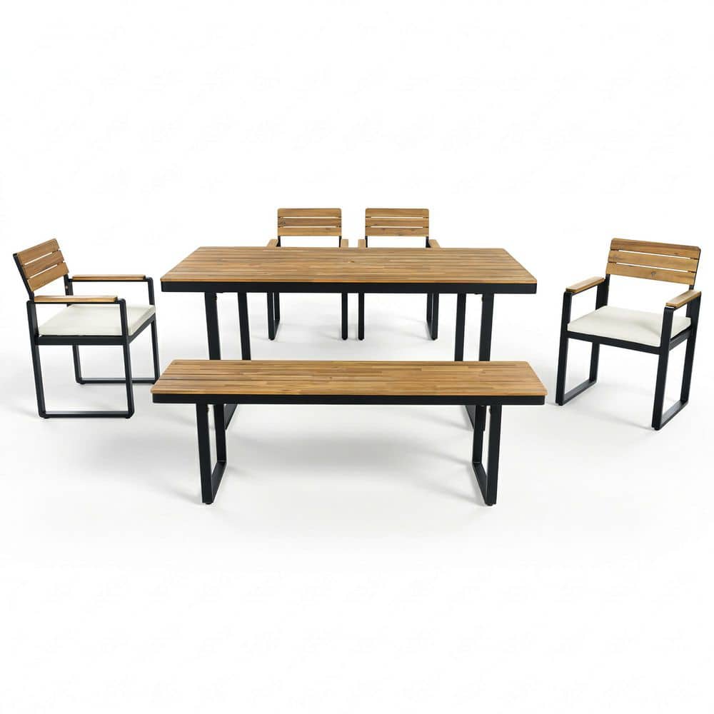 6-Piece, Acacia Wood Outdoor Dining Set, 1 Table with Beige Cushions, 4 Chairs, Adjustable Feet, for Patio, Garden price history on PriceWatchPro