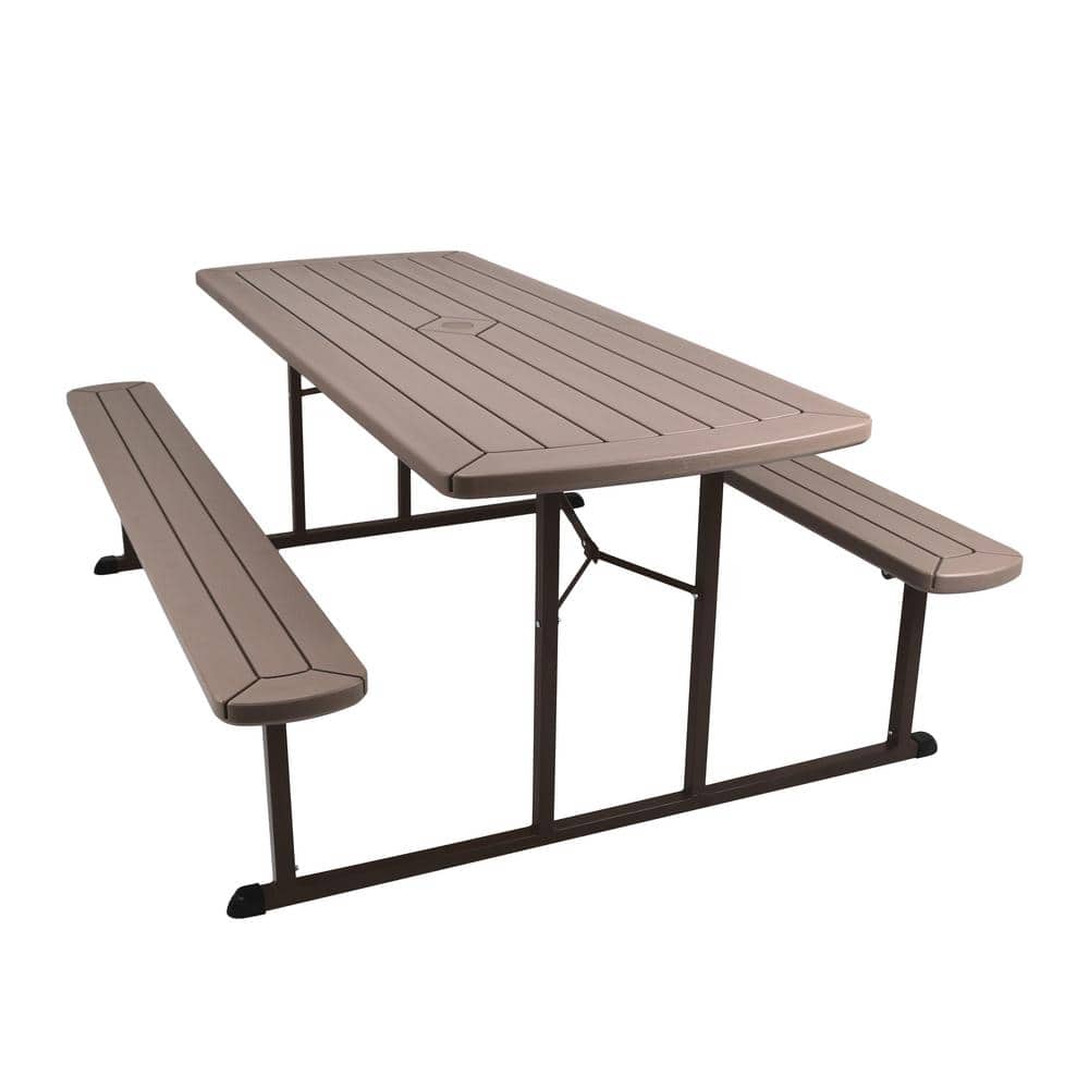 Travis 72" Brown Polypropylene Folding Picnic Table with Benches
