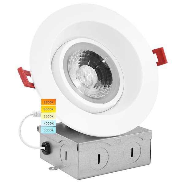 LUXRITE 4 in. Adjustable LED Gimbal Canless Recessed Light with J-Box 5 CCT 12W 1000 Lumens IC Rated Damp Rated