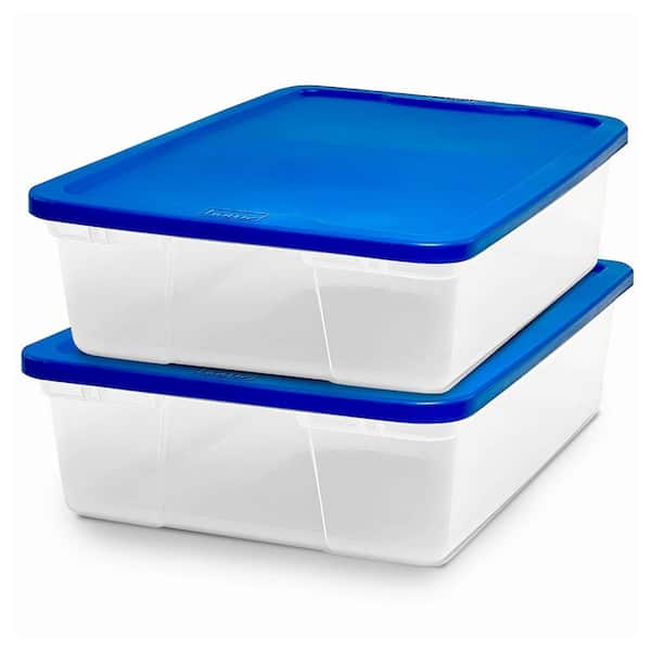 28 Qt Snaplock Clear Plastic Storage Container Bin with Lid, Blue (2 Pack)