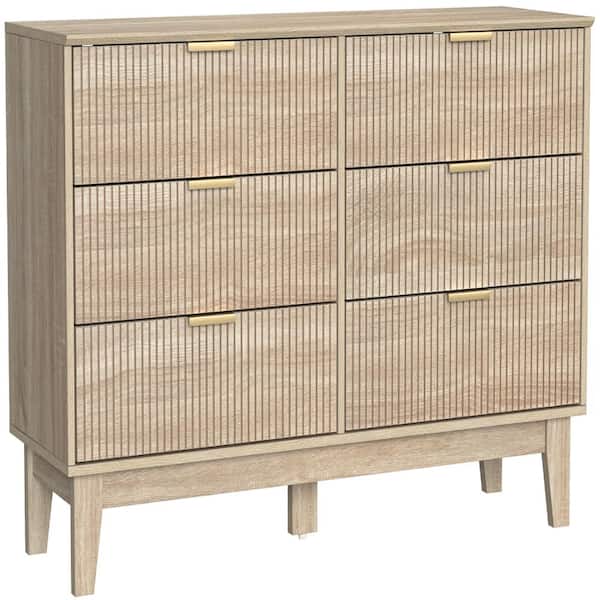 ribbed dresser Aupodin Modern 6-Drawer Dresser with Vertical Ribbed Drawers, Light Wood  Bedroom Storage Unit with Gold Handles H0172