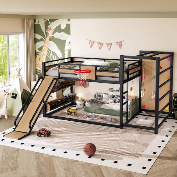 Natural Full Metal Loft Bunk Bed, Kids Bed with Pull-Up Rings, Basketball Hoop, Climbing Wall, Slide and Bookshelves