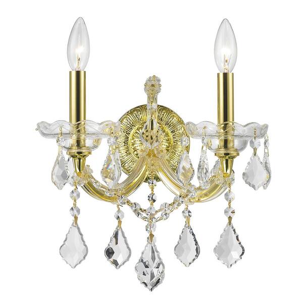 Worldwide Lighting Maria Theresa Collection 2-Light Gold with Clear Crystal Sconce