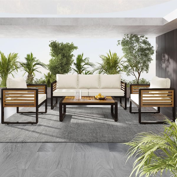Large Size 4-Piece Outdoor Conversation Set with Removable Beige Cushion